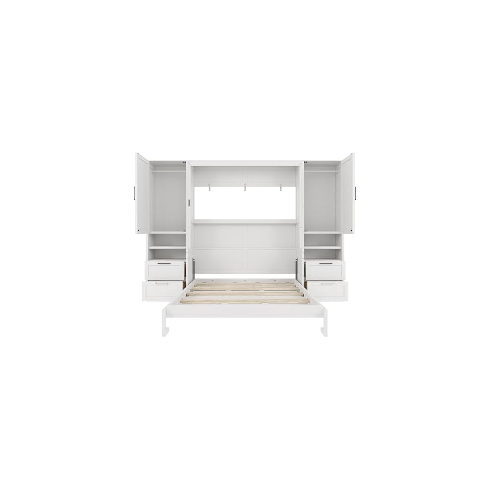 Queen Size Murphy Bed, Wall Bed with Closet, Drawers and Shelves, White