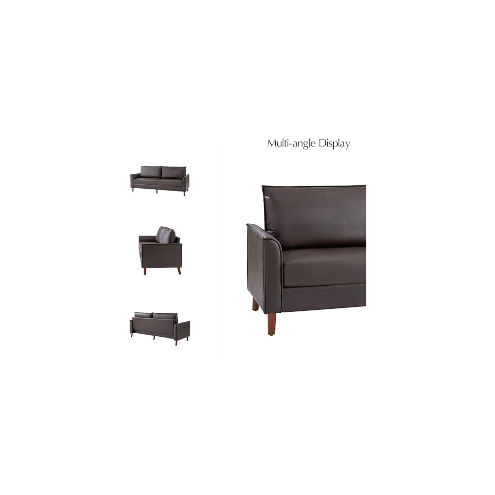 78" Faux Leather Sofa with Solid Wood Legs, Mid-Century Modern PVC Leather Couch, Comfy Upholstered 3-Seater Sofa for Living Room Bedroom, Brown