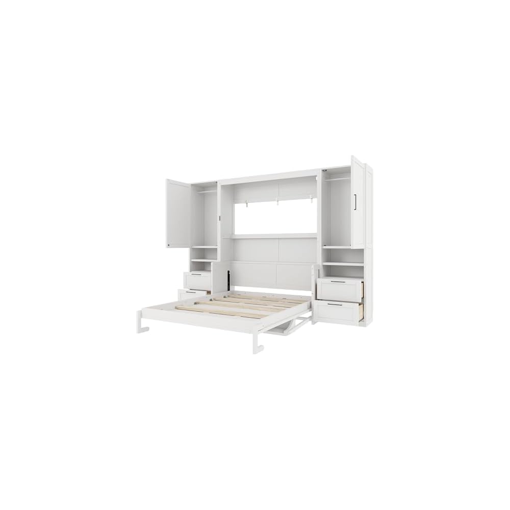 Queen Size Murphy Bed, Wall Bed with Closet, Drawers and Shelves, White
