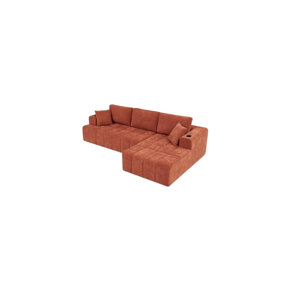 108" L-Shaped Chenille Sectional Sofa, Cloud Style Boneless Sofa, Modern Upholstered Couch with Cup Holders & Side Pockets, Compression Sofa for Living Room, No Assembly Required, Right Chaise, Orange