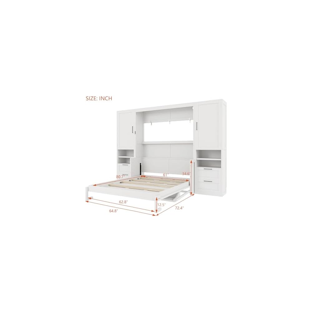 Queen Size Murphy Bed, Wall Bed with Closet, Drawers and Shelves, White