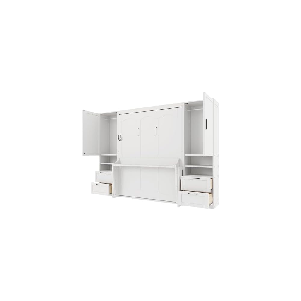 Queen Size Murphy Bed, Wall Bed with Closet, Drawers and Shelves, White