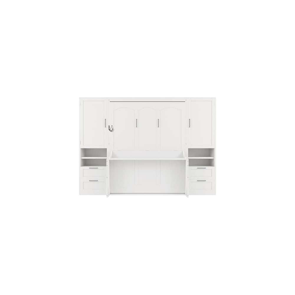 Queen Size Murphy Bed, Wall Bed with Closet, Drawers and Shelves, White