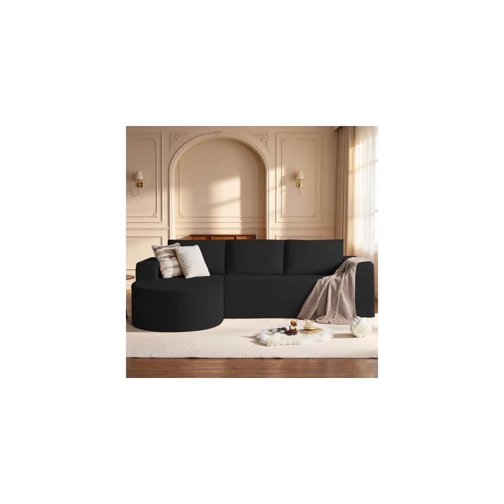 104.92" L-Shaped Sectional Sofa with Chaise, Boneless Comfy Corduroy Fluffy Couch with Deep Seat,Headrests, Compression Sofa for Living Room, No Assembly