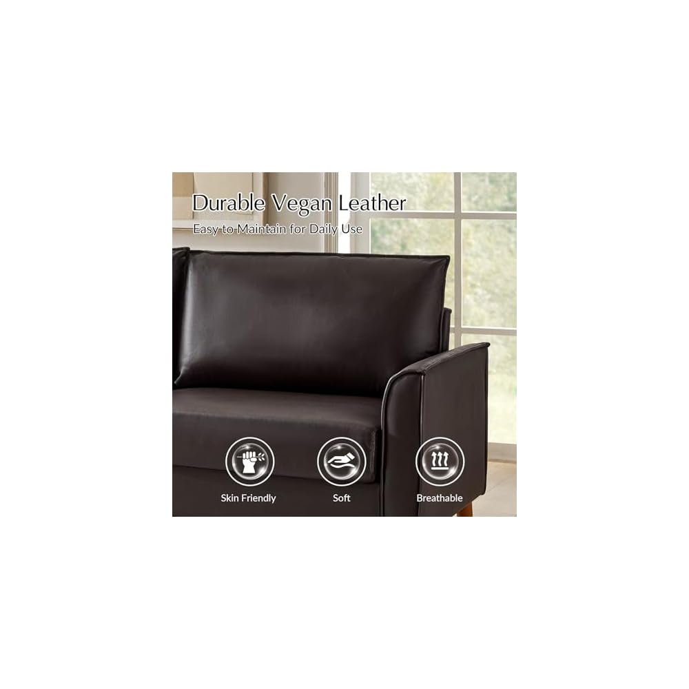78" Faux Leather Sofa with Solid Wood Legs, Mid-Century Modern PVC Leather Couch, Comfy Upholstered 3-Seater Sofa for Living Room Bedroom, Brown