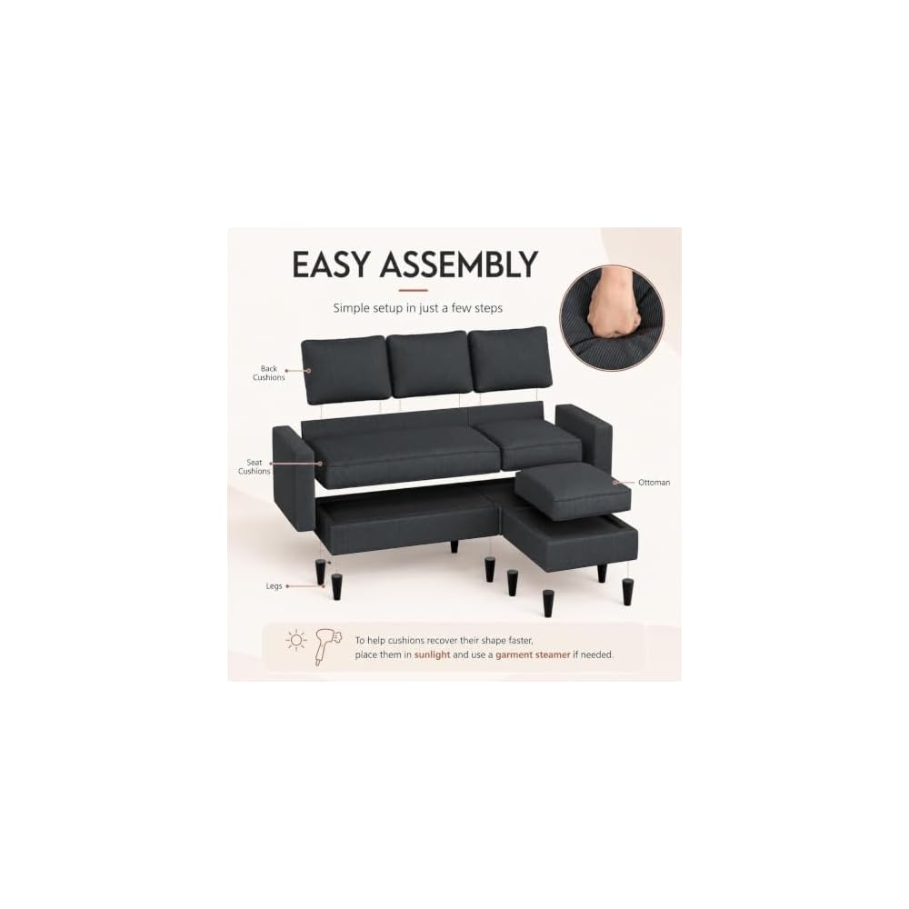 73.6" L-Shaped Small Sectional Sofa with Ottoman, Gray