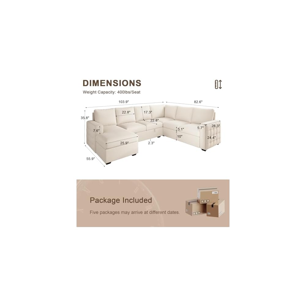 104" Sectional Sleeper Sofa Bed, U Shaped Pull Out Couch with Storage, 7 Seat Cloud Sofas with Chaise, Convertible Sofa Beds, Sleeper Sectional Couches for Living Room, Beige