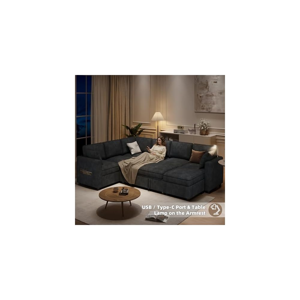 120" U-Shaped 7 Seat Sectional Sofa with Pull-Out Bed, Grey