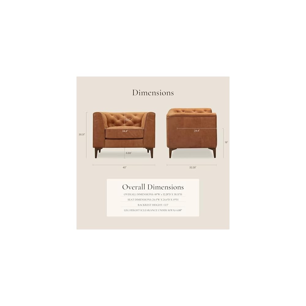 Essex 40" Lounge Chair – Full-Grain Pure-Aniline Italian Leather, Tufted Back & Arms, Feather-Down Cushioning, Walnut Wood Legs - Cognac Tan