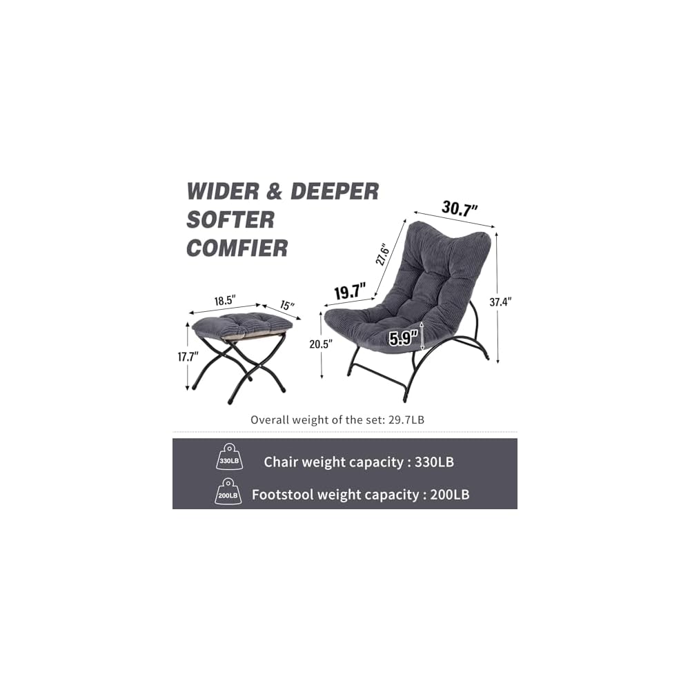 Lazy Lounge Chair with Ottoman, Modern Living Room Chair, Dark Grey