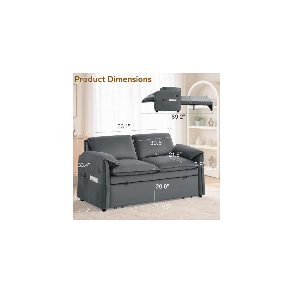 63" 3-in-1 Grey Velvet Convertible Sleeper Sofa Bed, Adjustable Backrest Pull Out Loveseat with USB & Side Pocket for Small Spaces