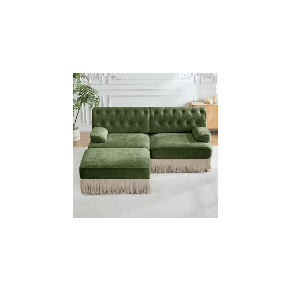 Green Velvet Chesterfield Loveseat Sofa with Ottoman, Sectional Couch