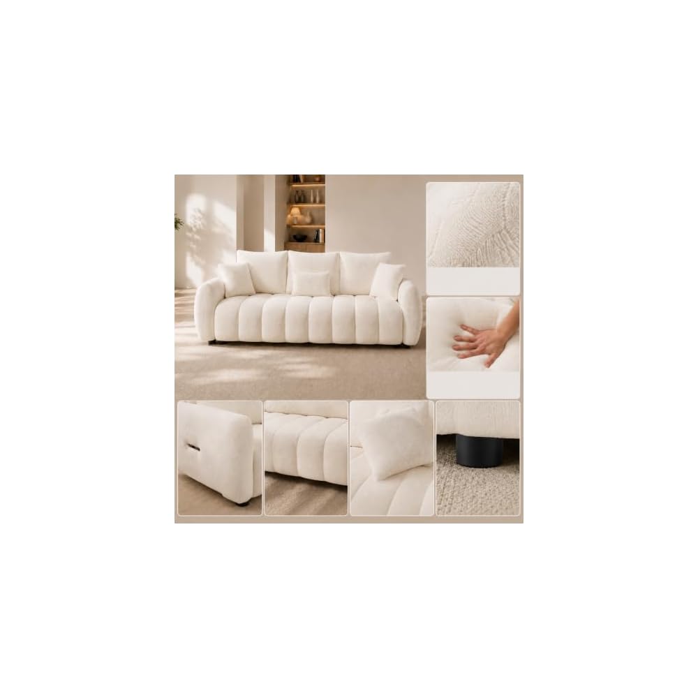 3-Seat Teddy Fabric Sofa with Channel Tufting, 79.5 in