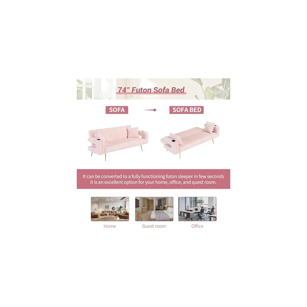 74" Modern Corduroy Sofa Bed Futon,Convertible Sleeper Bed Couch with Dual Cup Holder,4 Reclining Positions,Folding Cloud Sofa Loveseat for Small Living Room Apartment Office (Pink)