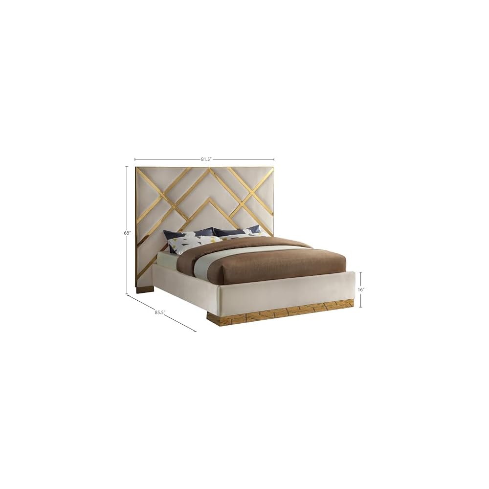 VectorCream-Q Vector Collection Modern | Contemporary Velvet Upholstered Bed, Custom Gold Metal Base and Polished Gold Metal Design, 81.5" W x 85.5" D x 68" H, Cream, Queen