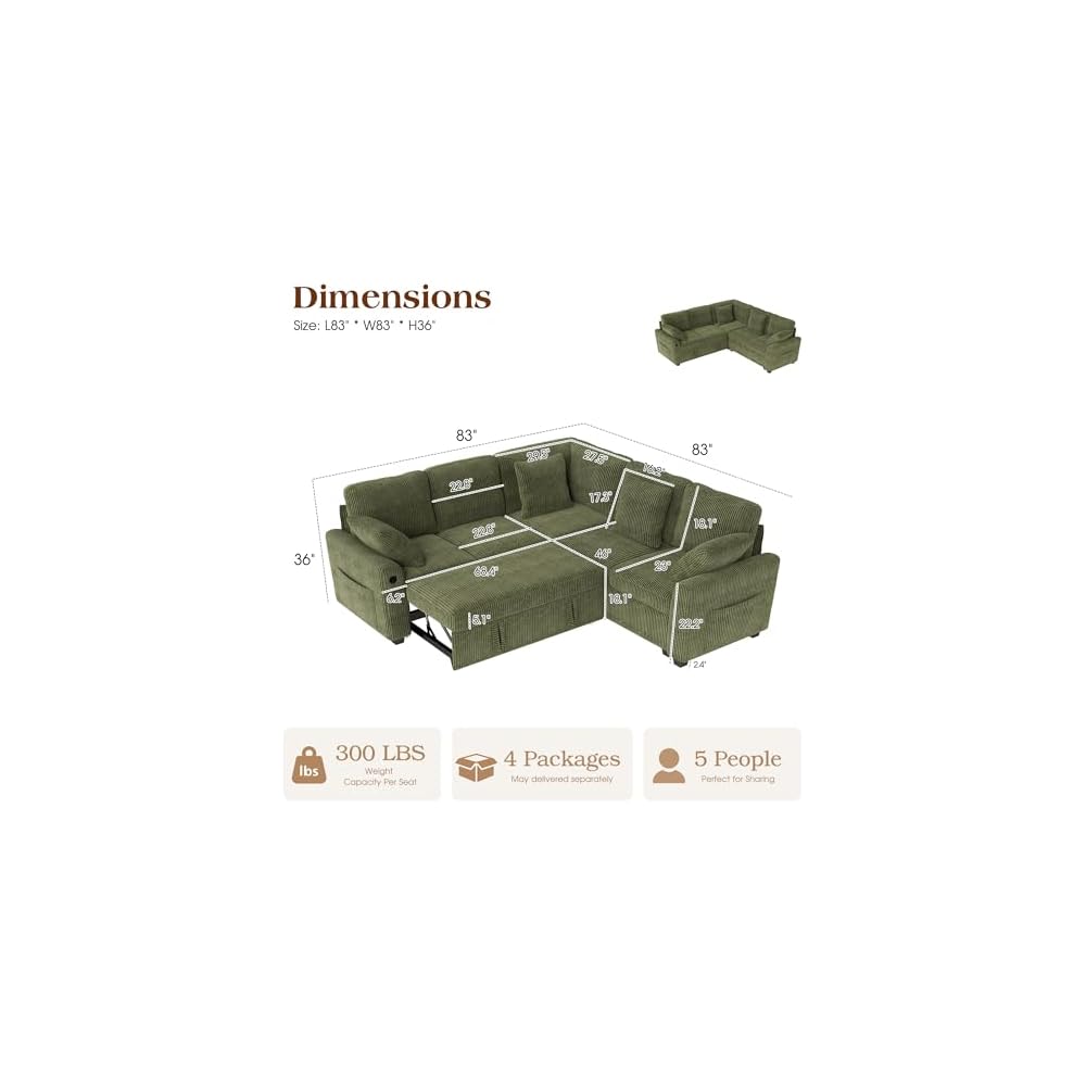 83-inch 5-Seater Large Sectional Sofa Bed with Storage, Corduroy Reversible Modular Sleeper Sofa with USB Port & 4 Pillows, Convertible L-Shaped Couch for Living Room（Green）