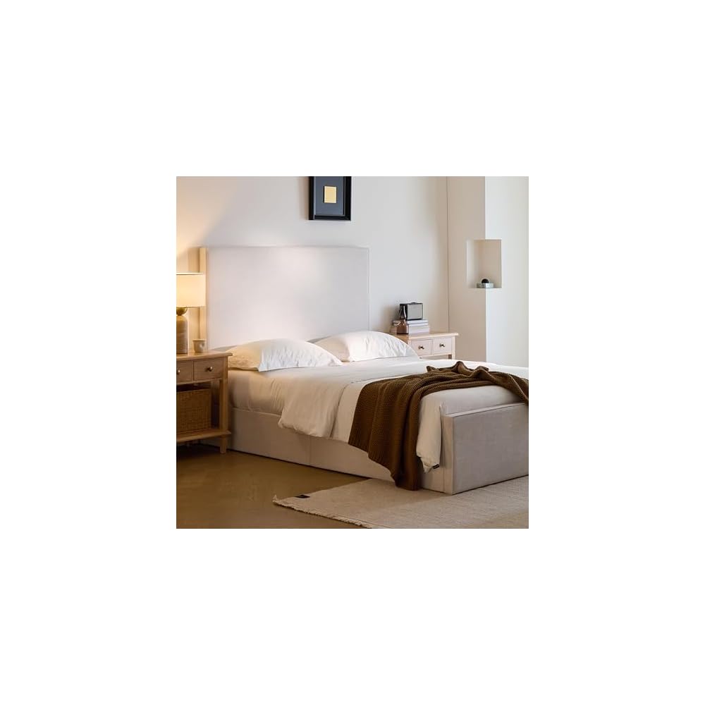 Queen Size Upholstered Bed Frame, 52" High Headboard Bedframe, Lucas Tall Headboard Floor Platform Beds, No Box Spring Needed No Noise/Minimalist, Textured Lvory Canvas Chenille