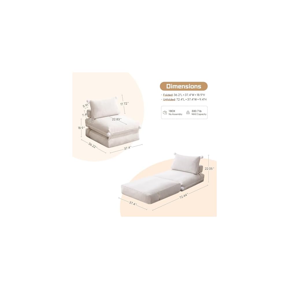 Folding Sofa Bed, Convertible Sleeper Chair with Back Support, Comfy Chenille Fold Out Couch Bed for Adults, No Wall Needed Floor Sofa Bed for Living Room Bedroom Apartment, Beige