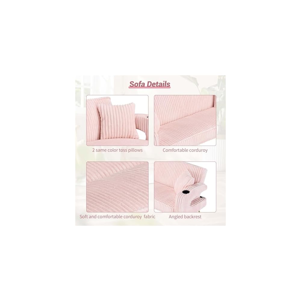 74" Modern Corduroy Sofa Bed Futon,Convertible Sleeper Bed Couch with Dual Cup Holder,4 Reclining Positions,Folding Cloud Sofa Loveseat for Small Living Room Apartment Office (Pink)