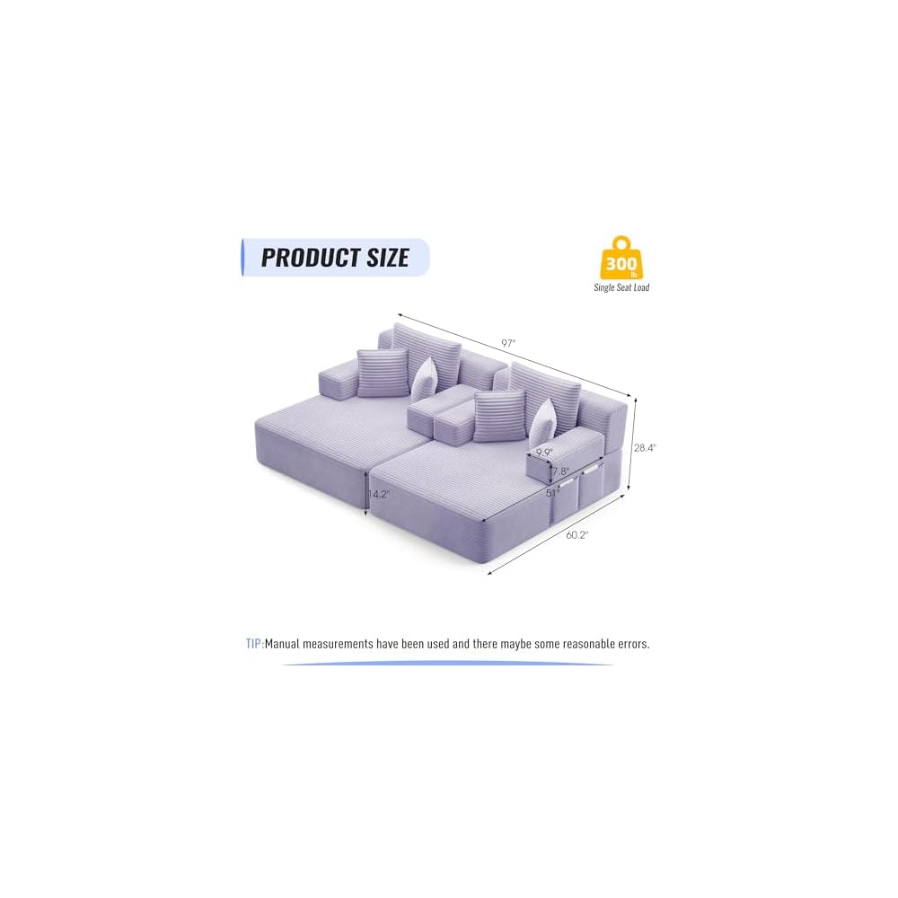 2-Piece Oversized Chaise Lounge Chair Indoor Plush Corduroy Boneless Sleeper Sofa Couch w/ 6 Pillows & Side Pockets, Adjustable Back/Armrest Comfy Reading Chair for Living Room Bedroom, Purple