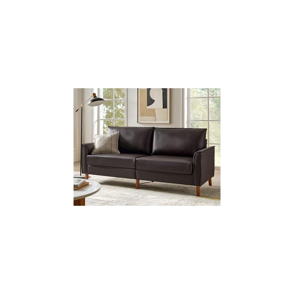 78" Faux Leather Sofa with Solid Wood Legs, Mid-Century Modern PVC Leather Couch, Comfy Upholstered 3-Seater Sofa for Living Room Bedroom, Brown