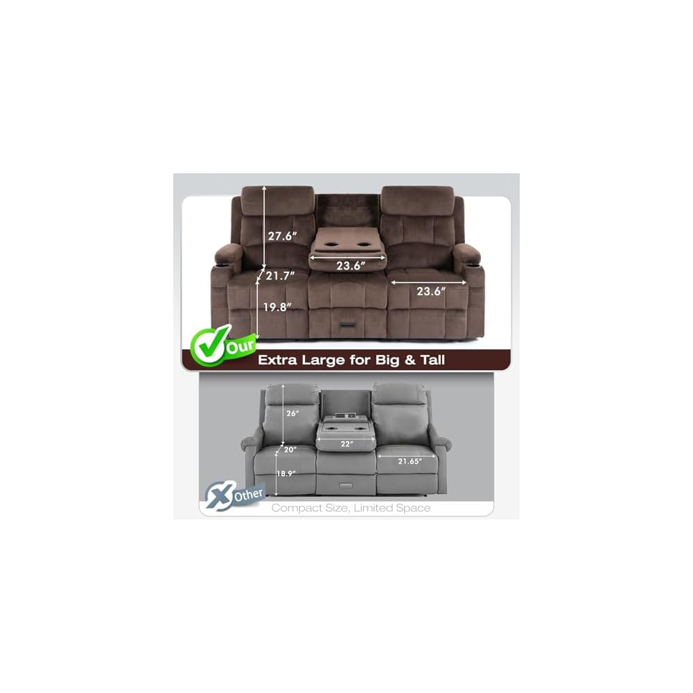Loveseat Recliner Sofa, Flip-Down Middle Backrest Design, Oversized 3-Seater Reclining Sofa with Storage Drawer, Dual Manual Recliner with USB Ports, Cup Holders & Phone Holders, for Living Room,Brown