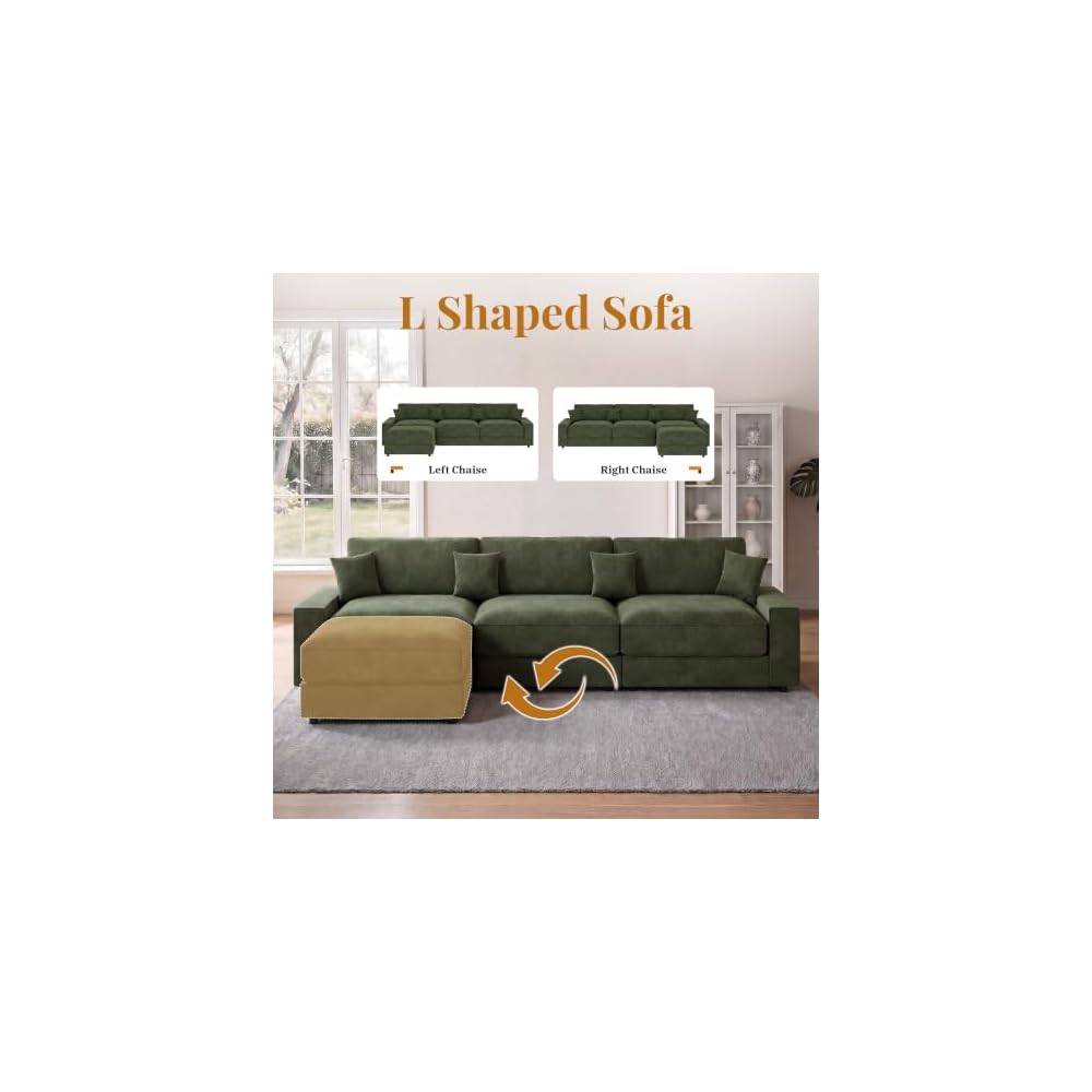 114" Modular Sectional L Shaped Sofa Couches,for Living Room,Oversized Cloud Couch with Movable Ottoman,Comfy Chenille Sofa with Pillow,Side Pockets,Bedroom,Apartment,Green