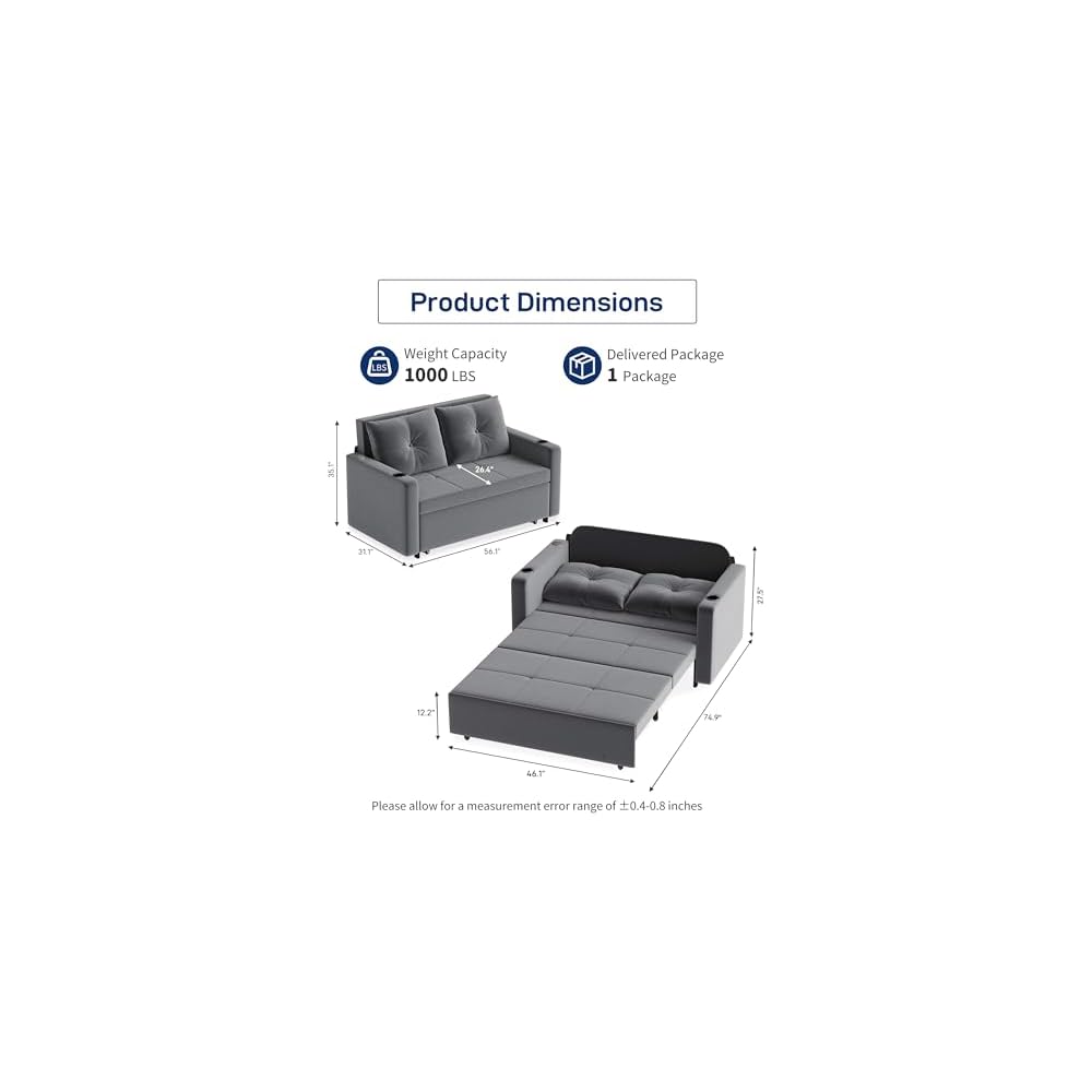 3 in 1 Pull Out Couch, 56" Velvet Sofa Bed, Convertible Sleeper Sofa