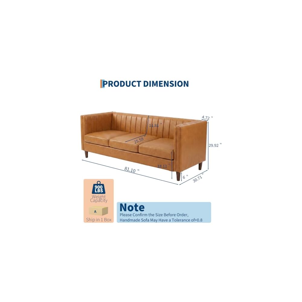 81'' Cognac Tan Faux Leather Couch for Living Room