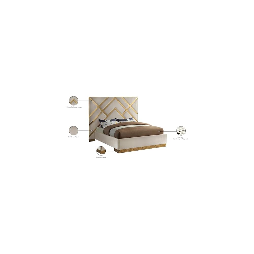 VectorCream-Q Vector Collection Modern | Contemporary Velvet Upholstered Bed, Custom Gold Metal Base and Polished Gold Metal Design, 81.5" W x 85.5" D x 68" H, Cream, Queen