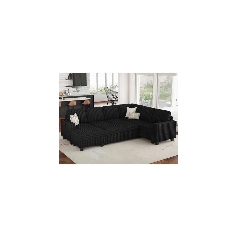 Corduroy Sleeper Sofa Bed with Storage Chaise Modular Sectional Sofa Couch with Pull Out Bed L Shaped Sectional Couches for Living Room Black Couch