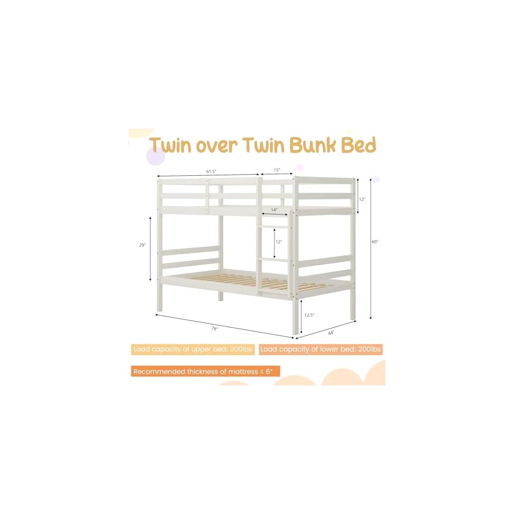Bunk Bed Twin Over Twin White, Solid Wood Bunk Bed with Sturdy Ladder & 12 Inch Safety Guard Rails, Twin Size Wood Bed Frame for Dormitory, No Box Spring Needed, Bunk Beds for Kids Teens