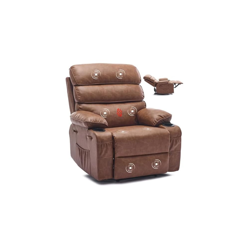 Extra Wide PU Leather Manual Recliner Chair for Adults with Massage & Heat, Oversized Lazy Lounge Chair with 1.5× Thickened Sponge Armrests & Backrest for Ultimate Comfort in Living Room or Bedroom
