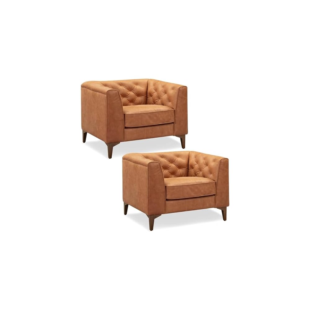 Essex 40" Lounge Chair – Full-Grain Pure-Aniline Italian Leather, Tufted Back & Arms, Feather-Down Cushioning, Walnut Wood Legs - Cognac Tan