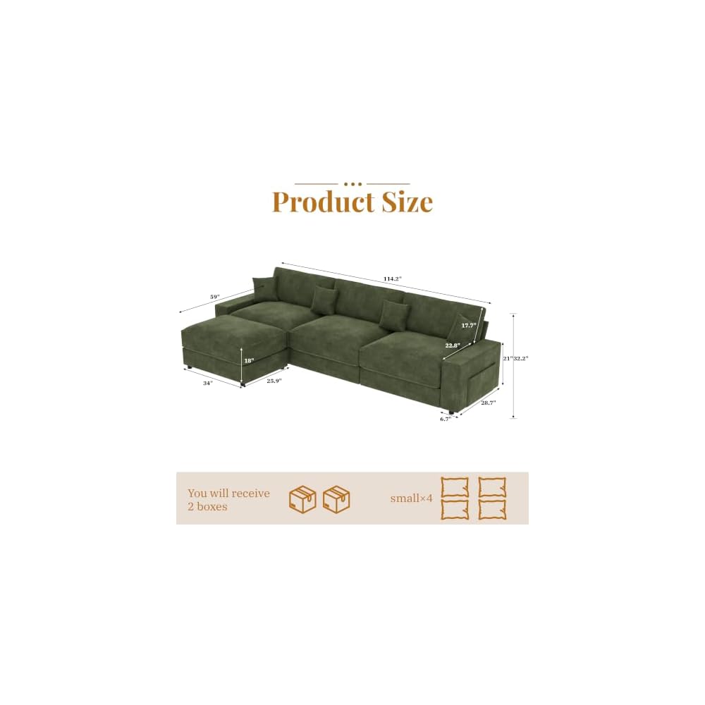114" Modular Sectional L Shaped Sofa Couches,for Living Room,Oversized Cloud Couch with Movable Ottoman,Comfy Chenille Sofa with Pillow,Side Pockets,Bedroom,Apartment,Green