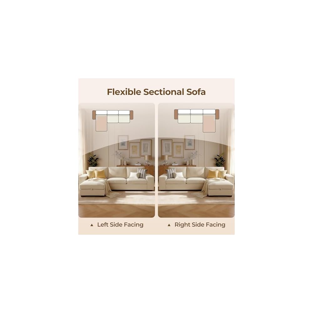 97in L-Shaped Sectional Sofa with Storage Chaise, 3-Seater Couch, Beige