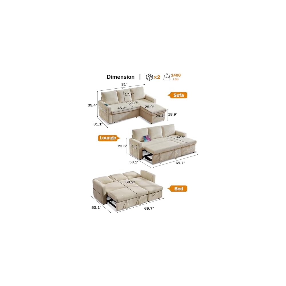 82" L Shaped Sectional Sleeper Sofa Bed with Pull Out Bed, Pull Out Couch Bed with Reclining Backrest, Reversible Storage Chaise, USB Ports, Tool-Free Assembly, Corduroy Beige