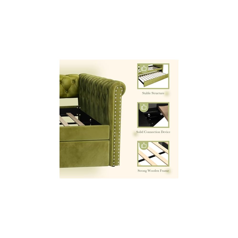 Twin Size Upholstered Daybed with Trundle, Modern Velvet Sofa Bed with Tufted Button Design and Curved Armrests for Living Room, Bedroom and Guest Room, No Box Spring Needed, Green