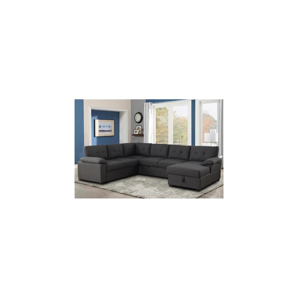 Sectional Sleeper Sofa with Pull Out Bed U Shaped with Storage Chaise Fabric Modern 6 Seater Dark Grey