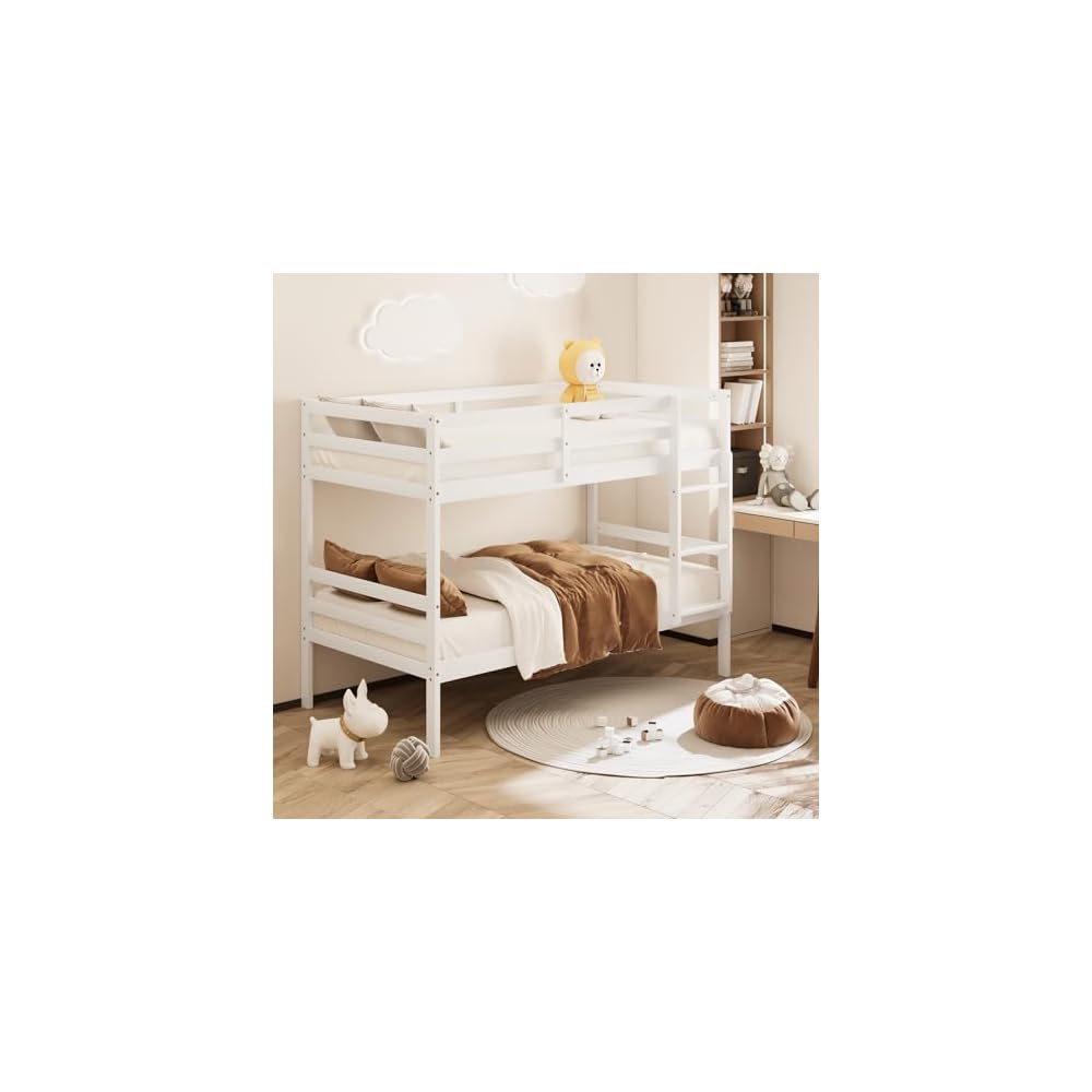 Bunk Bed Twin Over Twin White, Solid Wood Bunk Bed with Sturdy Ladder & 12 Inch Safety Guard Rails, Twin Size Wood Bed Frame for Dormitory, No Box Spring Needed, Bunk Beds for Kids Teens