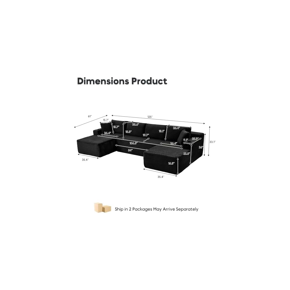125” Cloud Boneless Couch, U-Shaped Modular Sectional Sofa, Black