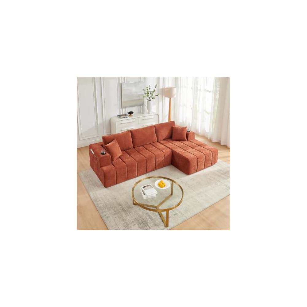 108" L-Shaped Chenille Sectional Sofa, Cloud Style Boneless Sofa, Modern Upholstered Couch with Cup Holders & Side Pockets, Compression Sofa for Living Room, No Assembly Required, Right Chaise, Orange