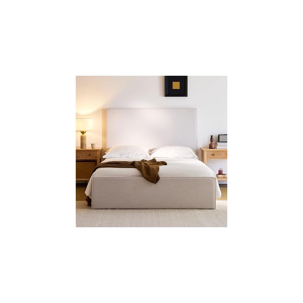 Queen Size Upholstered Bed Frame, 52" High Headboard Bedframe, Lucas Tall Headboard Floor Platform Beds, No Box Spring Needed No Noise/Minimalist, Textured Lvory Canvas Chenille
