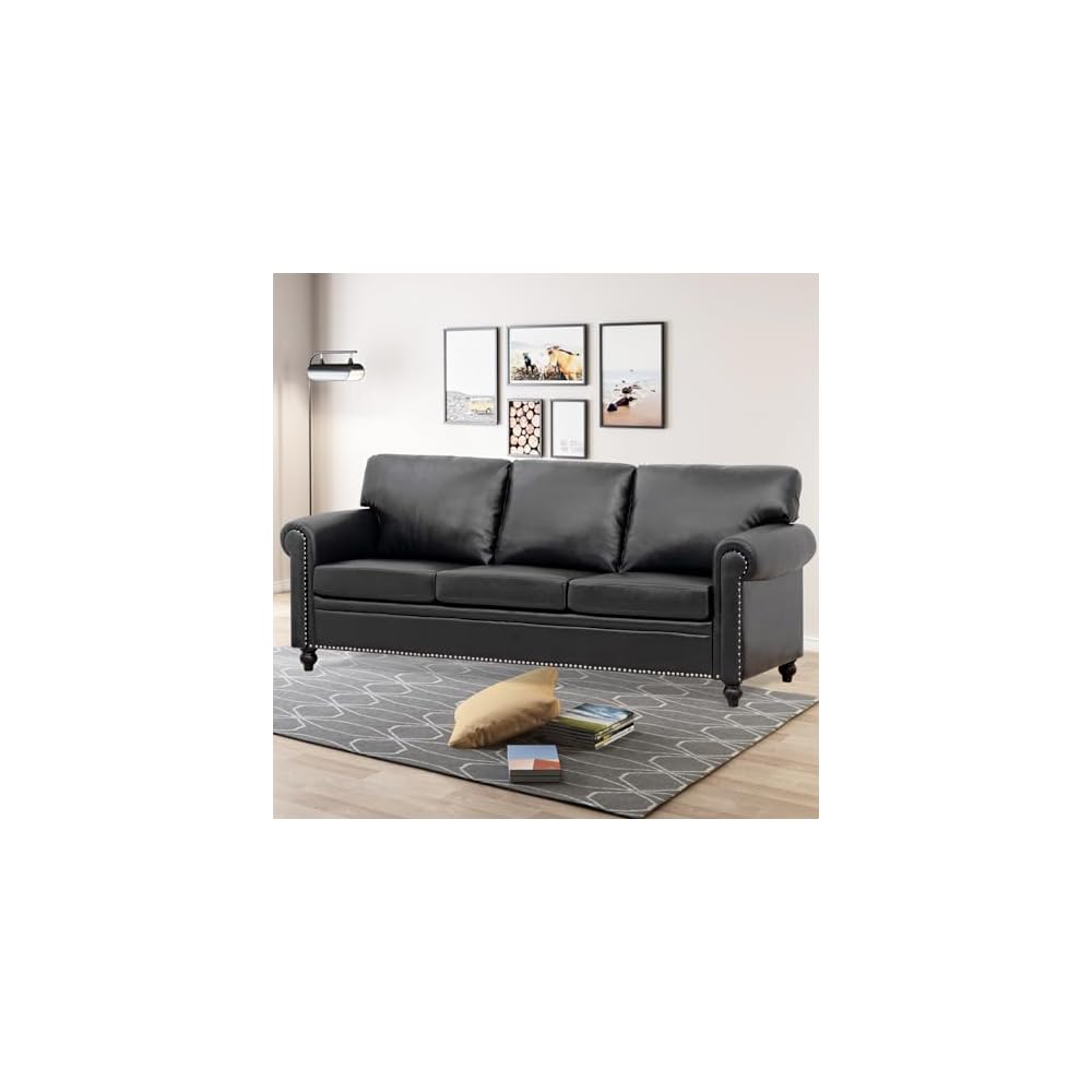 Black Faux Leather Couch，3 Seater Traditional Living Room Sofa，Comfy Sofa with Detachable Cushions 84" for Living Rooms, Bedrooms, Offices and Apartments Tool-Free Assembly