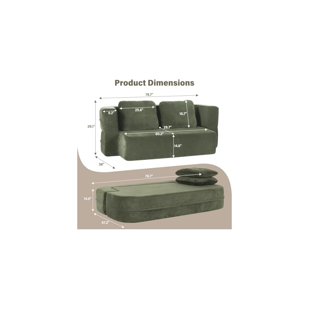 Queen Size Boneless Convertible Sofa Bed with Blanket, Green