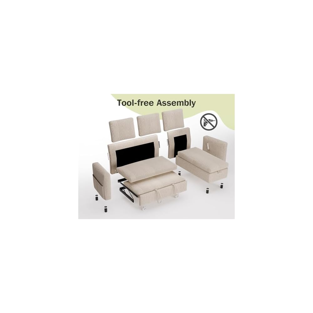82" L Shaped Sectional Sleeper Sofa Bed with Pull Out Bed, Pull Out Couch Bed with Reclining Backrest, Reversible Storage Chaise, USB Ports, Tool-Free Assembly, Corduroy Beige