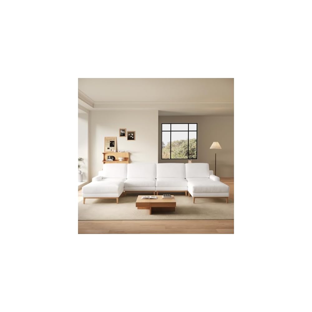 156" U Shape Modern Sofa with 2 Ottoman, Oversized Luxury Sectional Modular Sofa, Deep Seat Cloud Couch, 4 Seat Couch with Solid Wood Leg, White