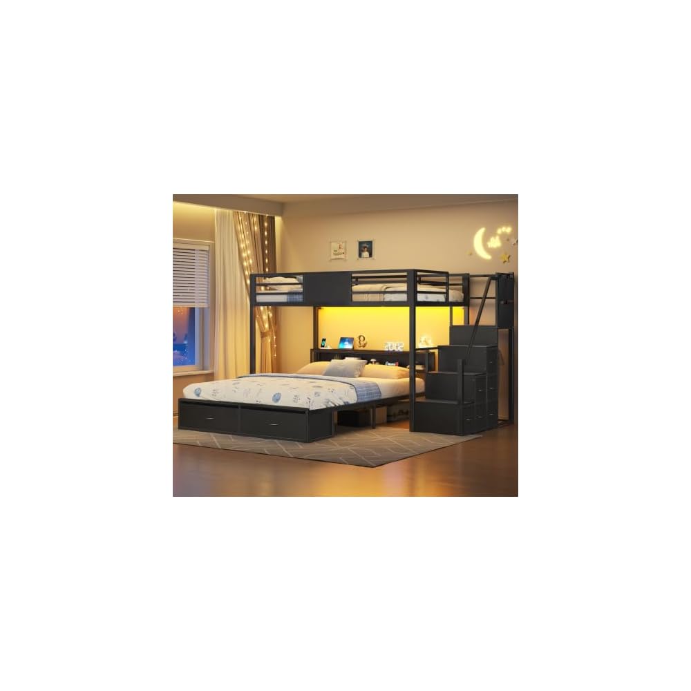 Twin Over Full Bunk Bed with Storage Stairs, 8 Drawers, Black