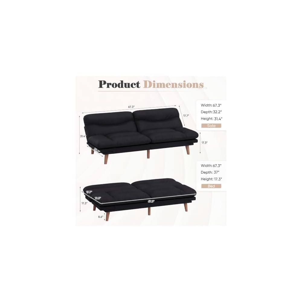 67'' Convertible Futon Sofa Bed, Modern Linen Loveseat, Black
