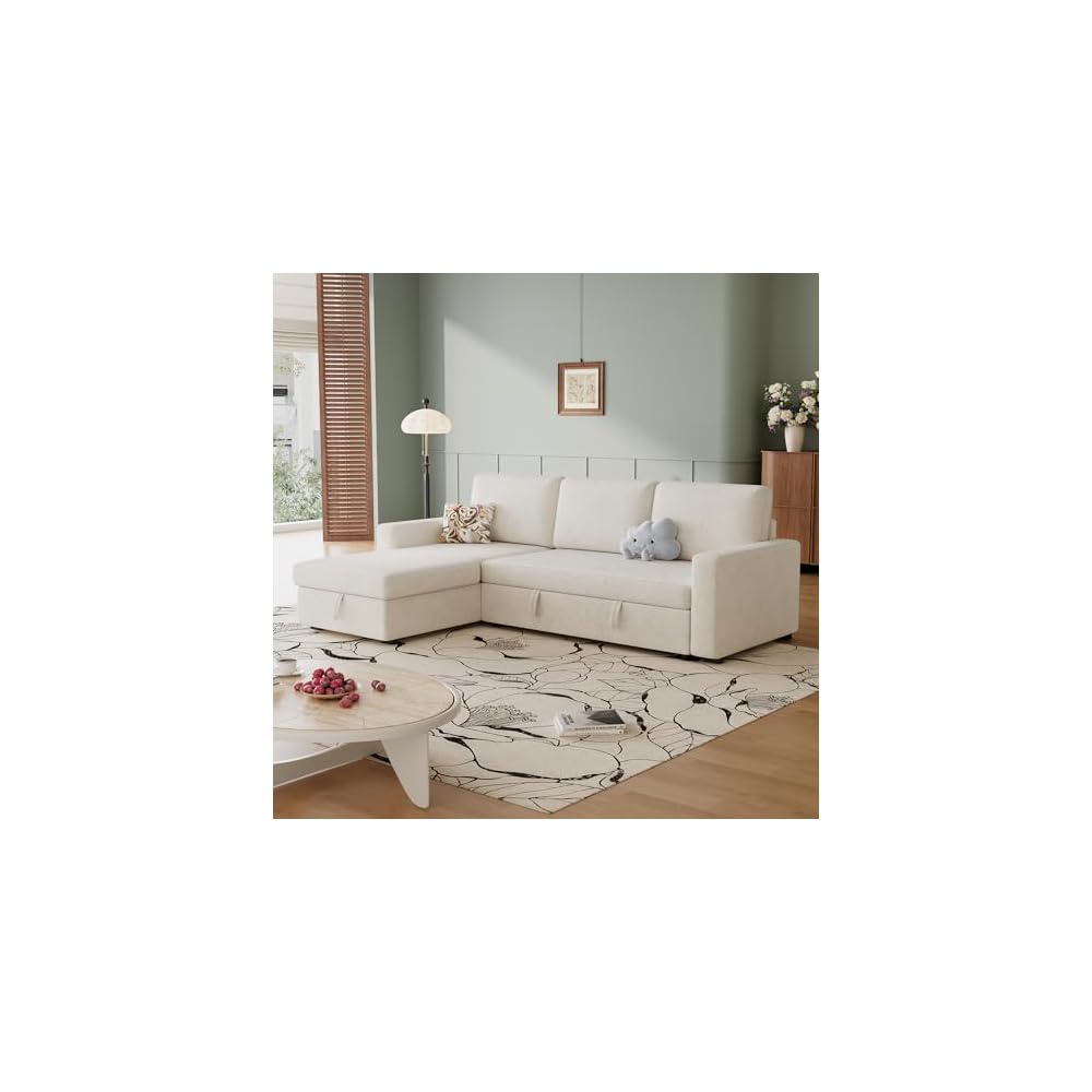 81" L Shaped Convertible Sleeper Sectional Sofa Bed, Beige
